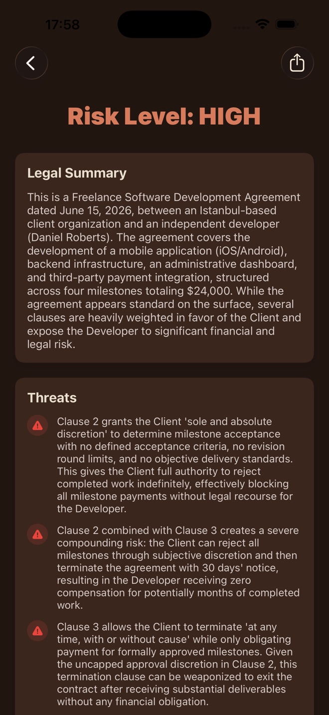 LexiLens risk raporu: yüksek risk seviyesi, hukuki özet ve tespit edilen tehditler